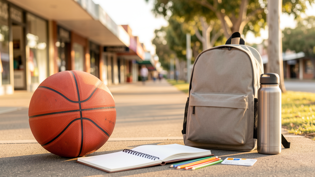 Community access activity items including a basketball, backpack, notebook, pencils and water bottle in warm outdoor light